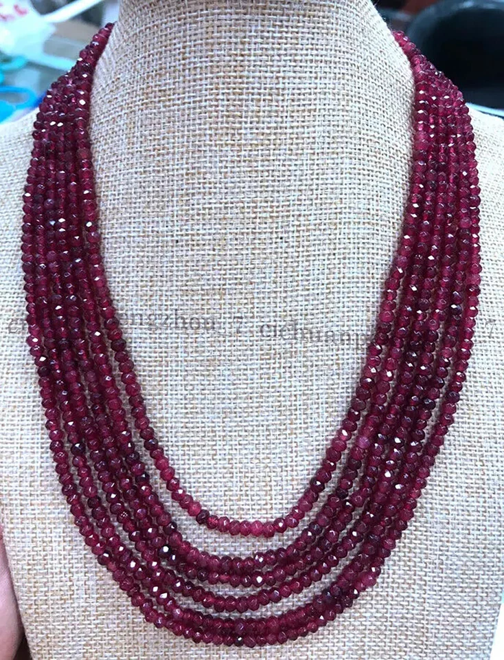 Natural 6 Rows 2x4mm Faceted Red Garnet Rondelle Gemstone Beads Necklace 17-22'' - Image 4 of 4