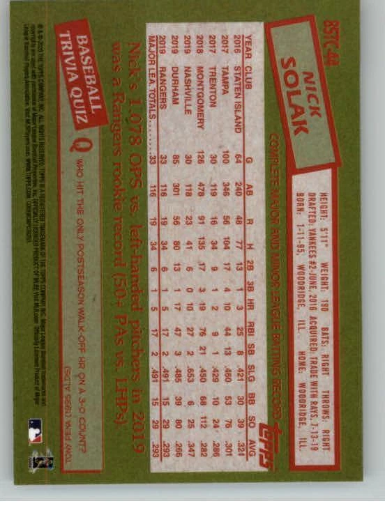 2020 Topps '85 Topps Silver Pack Chrome Series 2 #85TC44 Nick Solak (ref 133096) - Image 2 of 2