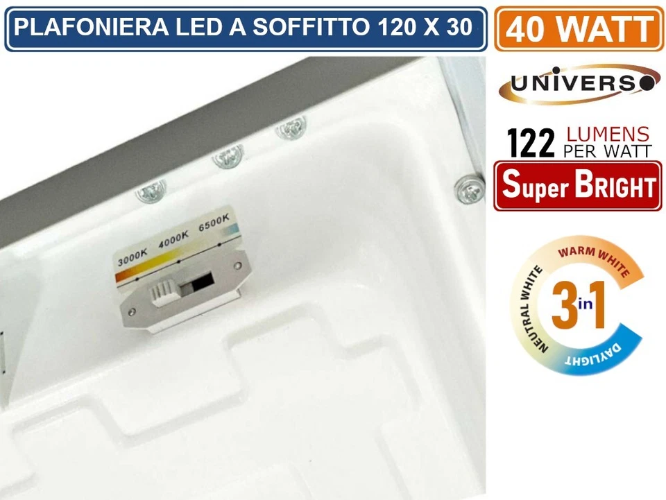UNIVERSO PLAFONIERA SMD LED RETTANGOLARE 120x30 40W CCT 3000K - 4000K - 6500K - Immagine 4 di 4