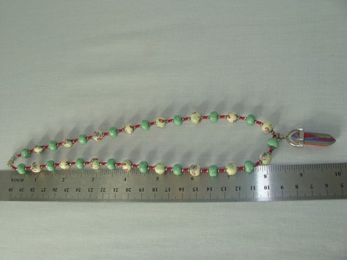 Green & Yellow Clay Bead Necklace - Crystal Shaped Pendant - New Handmade - Picture 8 of 9