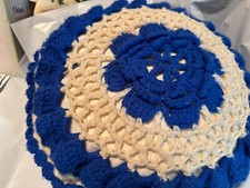 Homemade Crochet round Pillow 17 inches, Blue and White, new without tags