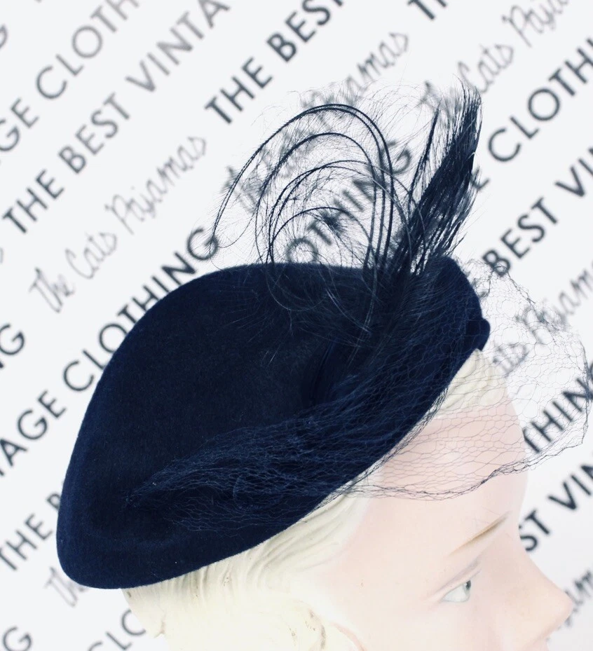 Vtg Womens Navy Blue Wool Hat 1950s O/S Feather Henry Pollack Church Nose Veil - Image 3 of 4