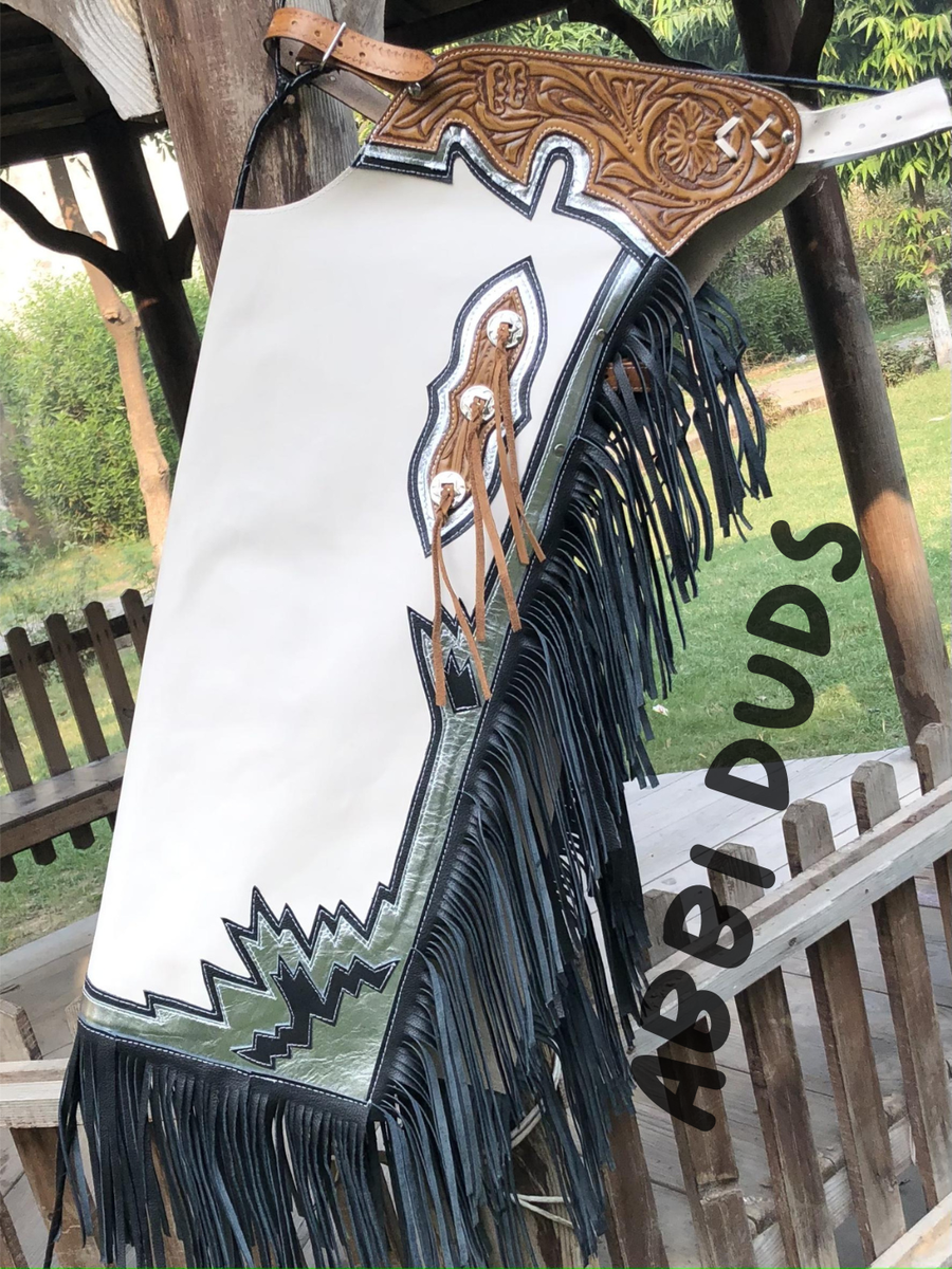 Cuissardes De Rodéo Bull Riding – Cuir Vachette Et Daim – Franges – Taille Adulte