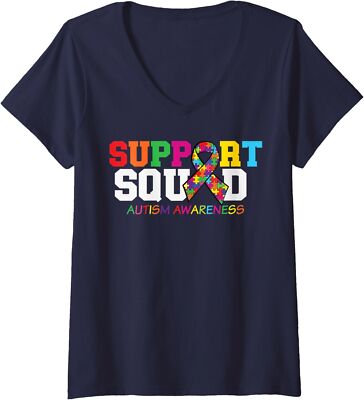 Support Squad Autism Awareness Multicolor Ribbon Ladies' V-Neck Tshirt
