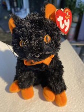 2000 Ty Beanie Buddy - FRAIDY Halloween Cat Stuffed Animal Toy TySilk Orange Bow
