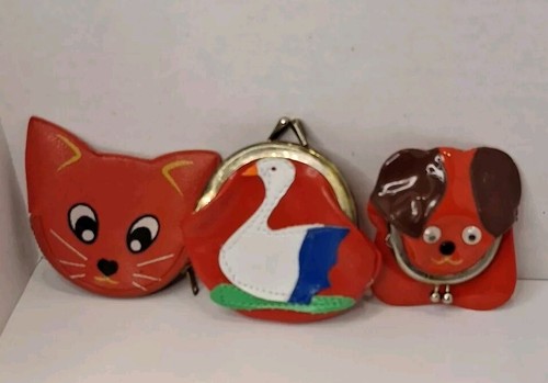 Set Of 3 Vintage? Coin Change Purses Kiss & Zipper Lock Dog Cat Goose Japan - Picture 8 of 8