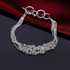 925 Sterling Silver Charm Glossy Bead Bangle Women's Fashion Bracelet Jewelry
