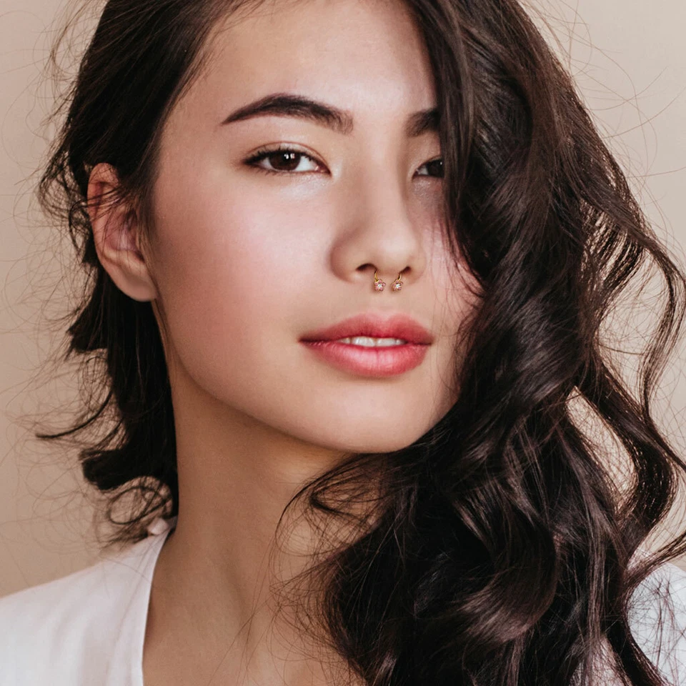 Anillo de pezón de herradura chapado en oro amarillo flor circonita cúbica esmalte rosa 14G 1/2" tabique Foto 2 de 4