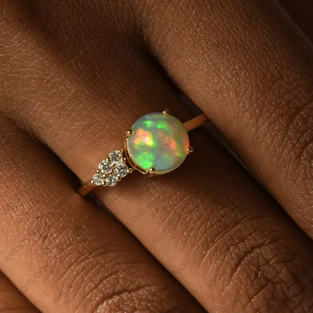 8mm Ethiopian Opal Real One Side Diamond Cluster Engagement Ring