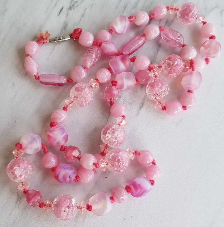 Vintage Venetian Glass Necklace Pink Sommerso Murano Stippled Glass Beads View 5