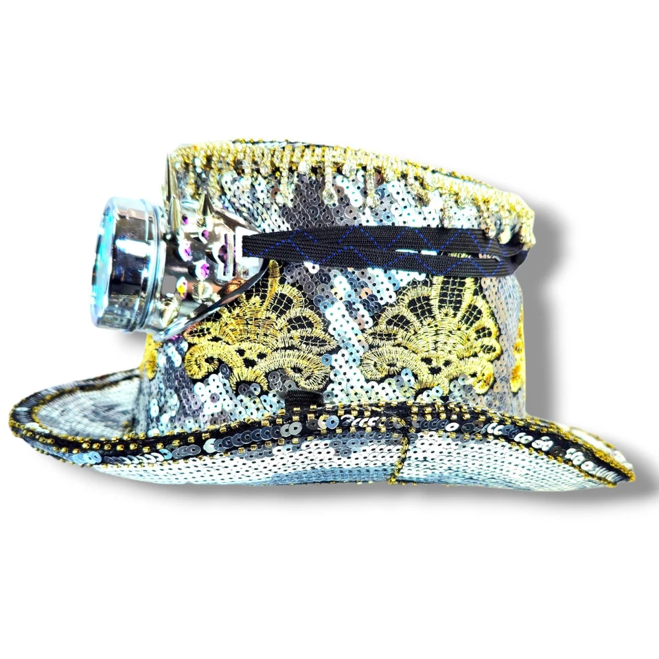 Серебряный блестки стимпанк вечеринки рейв шляпа с калейдоскоп шипами очки - Изображение 3 из 4