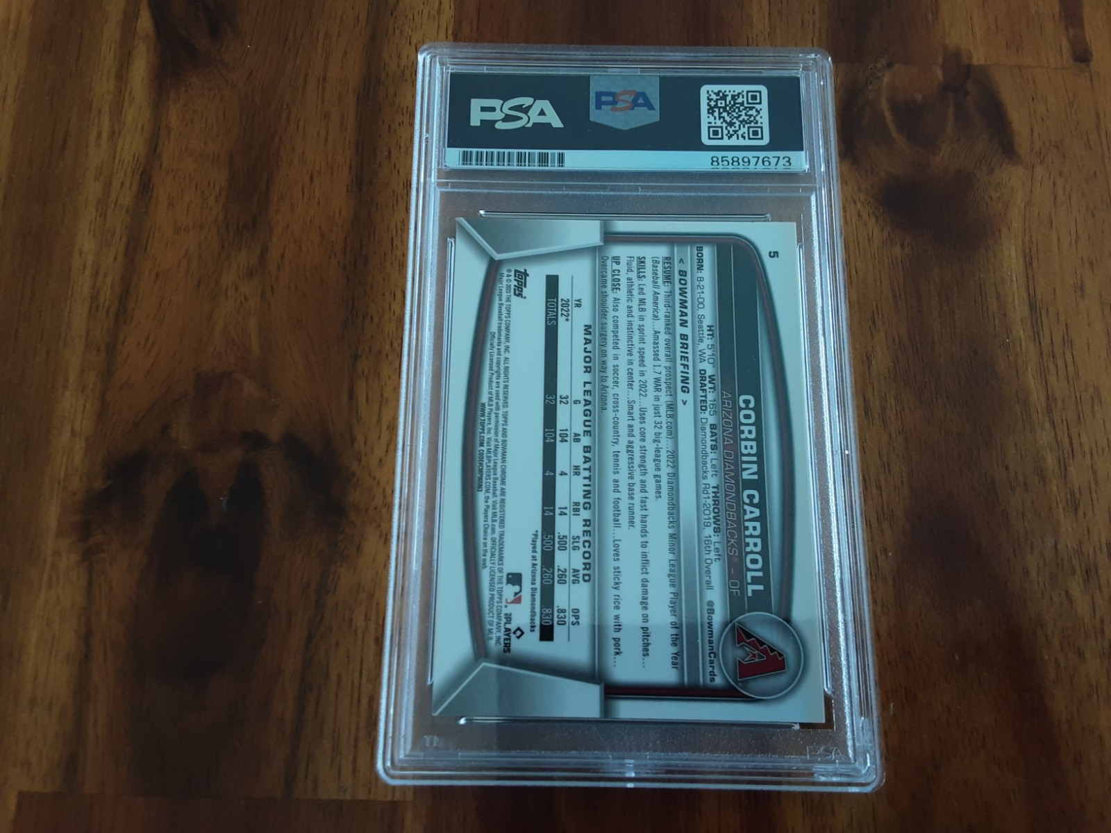 2023 Bowman Chrome Rookie Corbin Carroll PSA Auth view 2