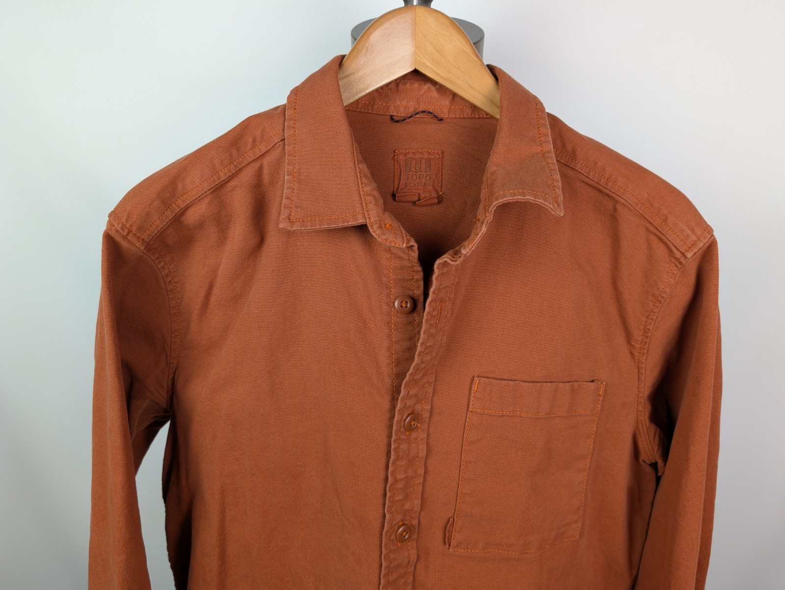 TOPO DESIGNS Canvas Organic Cotton Stretch Button Up Shirt Sz L Burnt Orange