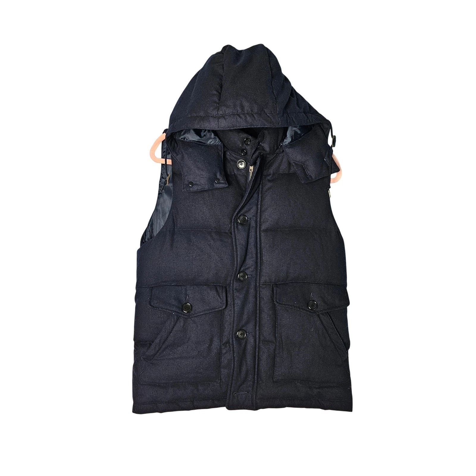 Nano Universe Wool Blend Down Puffer Vest Hooded Navy Blue Mens Large Outdoors