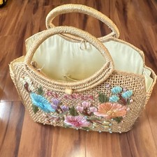 Large Womens Beige Woven Straw Floral Embroid...