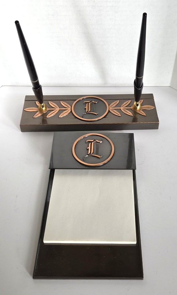 Copper and black mid-century modern dual pen + paper pad holder — this looks like it escaped from a 1960s Madison Avenue ad agency and it's stunning.