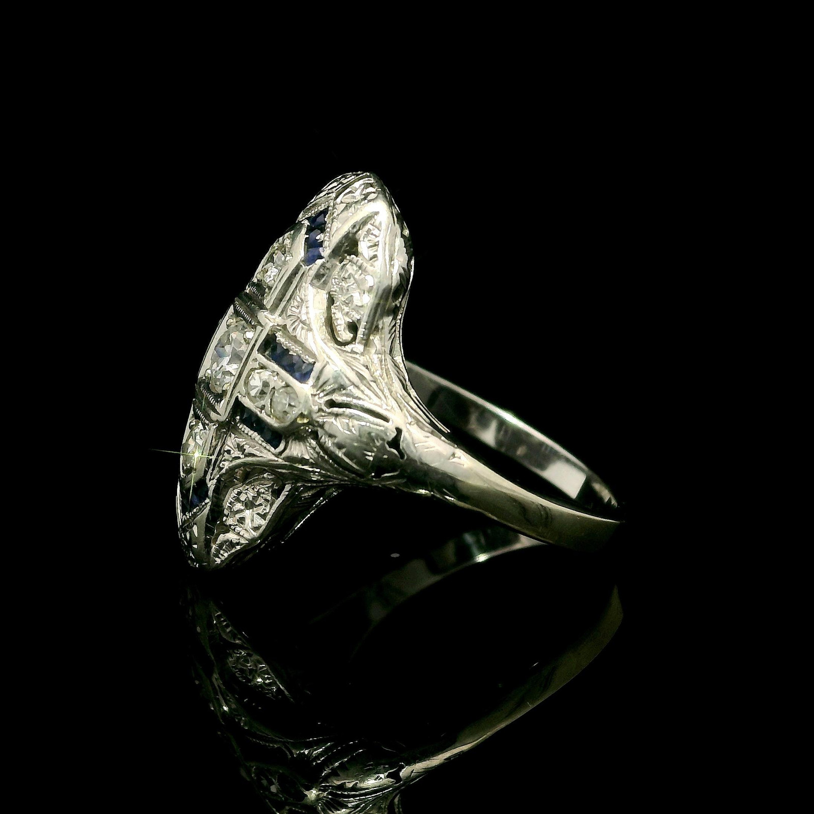 Antique Art Deco Solid White Gold Old Diamond & S… - image 10