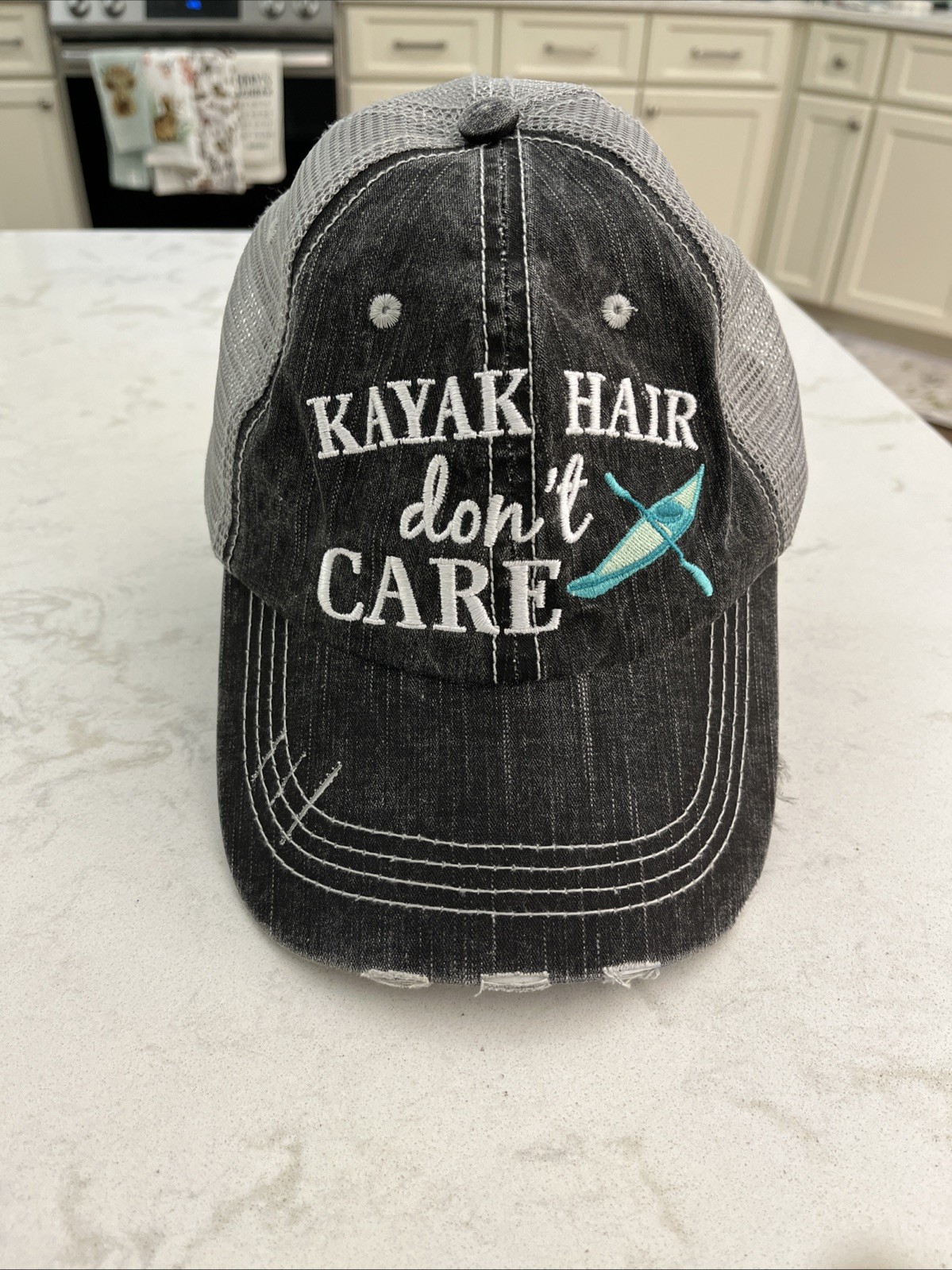 Hair Dont Care Hat Womens Cap Mesh Back Distressed Gray Teal