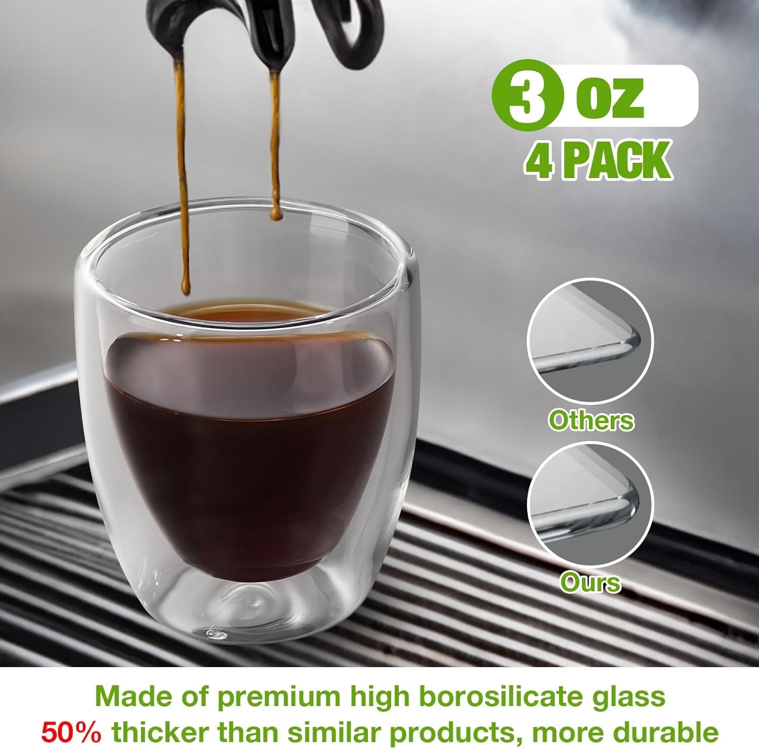 Double Walled Espresso Cups Set of 4 (50% Thicker), 3 Ounce Clear Expresso