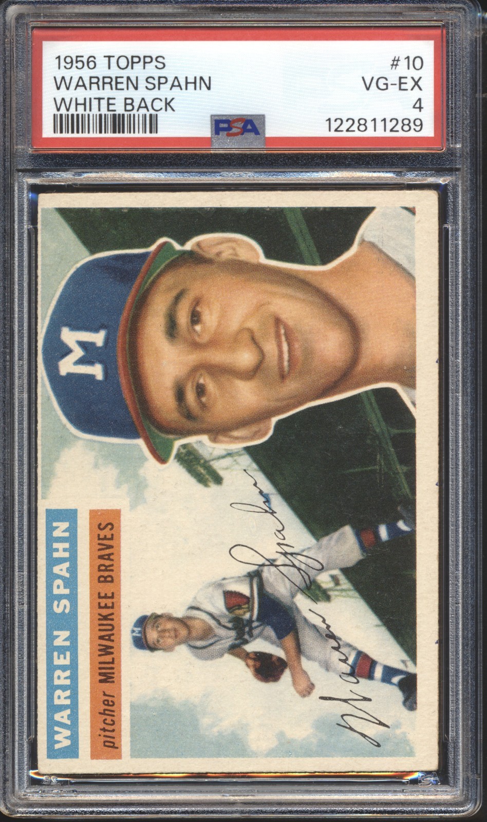 1956 Topps Baseball Warren Spahn WHITE BACK #10 PSA 4 BRAVES VG-EX HOF