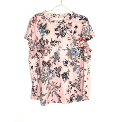 Loft Plus Pink Blue Floral Top Round Neck Flutter Sleeve Sz 20 Cottage Romantic