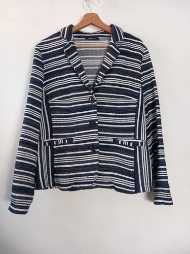 Frank Walder navy blue white stripe cotton blend blazer jacket sz 18 *flaw*