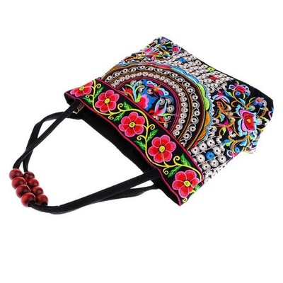 Retro Handtasche für Damen mit Stickerei, Holzperlen und Blumenmuster,
