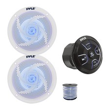 Pyle 4-CH Marine Bluetooth Controller, 2x 6.5" Blue Flash LED White Speaker,Wire