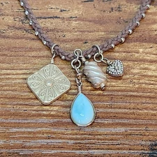Vintage 925 Silver Larimar Necklace w/ Charms Boho Caribbean Gem