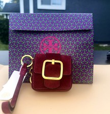 Tory Burch Burgundy Suede Key Chain Wristlet Strap Gold-Tone Logo Buckle