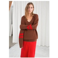 Other Stories Oversized Knitted V-Neck Sweater Brown Red Stripe Wool Blend S