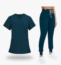 VIAOLI Women Classic V-Neck Top and Yoga Jogger Pant Medical Uniform Scrubs Set