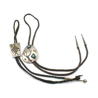 Southwest Sterling Turquoise Overlay Mud Dancer Tree Bolo Ties Lot of 2 #S5641 2