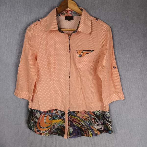 Gabriella Frattini Size 10 Pattern Peach 3/4 Sleeve Lightweight Button Up Shirt