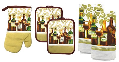 5pc Kitchen Set:2 POT HOLDERS,1 OVEN MITT &2 TOWELS,WINE BOTTLES ON THE SHELF,KC