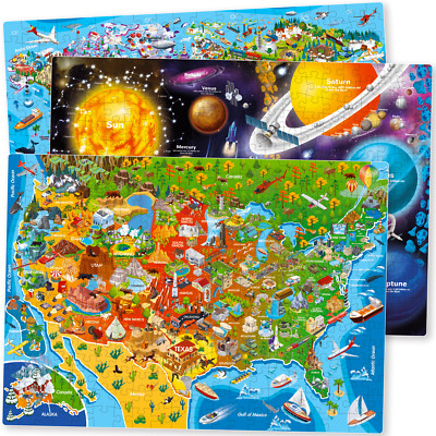 QUOKKA 300 Piece Floor Puzzles for Kids Ages 10-12 | USA and World Maps & Space