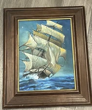 Vintage 1974 Clipper Sailing Ship Oil Painting On Canvas Lela Berto 22x17 Framed