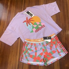 ADIDAS x FARM RIO Running Shorts Palm Print Tee Outfit Purple LARGE NWT