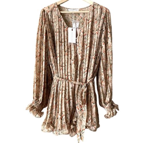 Endless Rose Grow Closer Floral Pleated Long Sleeve Beige Romper NWT $120 Large