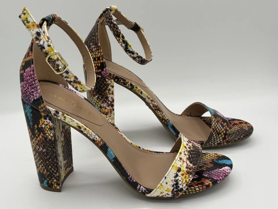 Zapatos de salón Report con tacón arco iris para mujer 9 piel de serpiente gruesos declaración punta abierta Foto 2 de 4