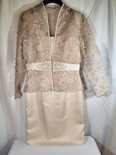 Vtg Ever Beauty Mother of the Bride Groom Beige 2 Pc Dress Lace Jacket Set Sz 8