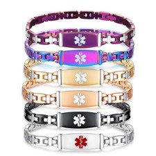 CUSTOM ENGRAVE  Women's Slim Stainless Steel Link Medical Id Bracelet 5 Colors 