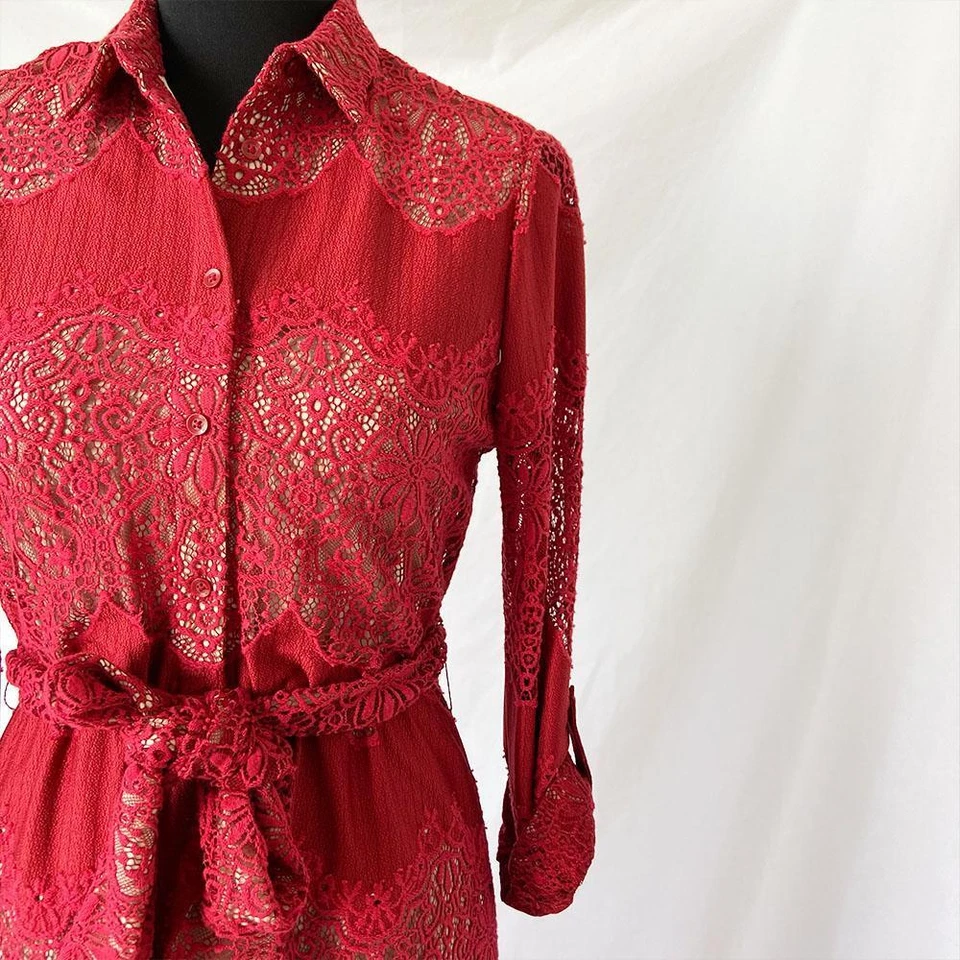 Alice + Olivia Red Floral Guipure Lace Maxi Shirt Dress - Image 2 of 4