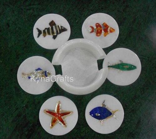 11.4cm Pietra Dura Kunst Dekorativ Untersetzer Set Weißer Marmor Tee - Bild 1 von 7