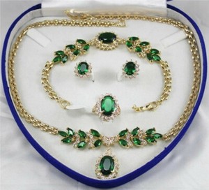 Authentic Green Jade Women 18K Gold Plated Earrings Bracelet Necklace Ring Jewelry Set/4pc