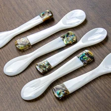 Set of 6 Mother of Pearl MOP Caviar Spoons with Green Abalone Decoration for ...