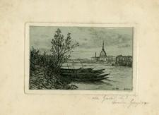 Stampa antica-PAESAGGIO-BARCA-VEDUTA DEL FIUME PO-ITALIA-Grosso-ca. 1900