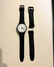 Swatch Swiss Made Quartz Wristwatch Black Plastic Case White Dial Day/Date
