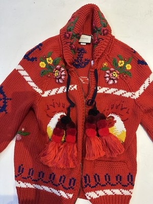 Gucci Red wool cardigan ,embroidered with Roosters ,flowers and Tiger. M