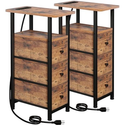 Narrow End Tables Living Room Set of 2 with Charging Station, Skinny Side Tab...